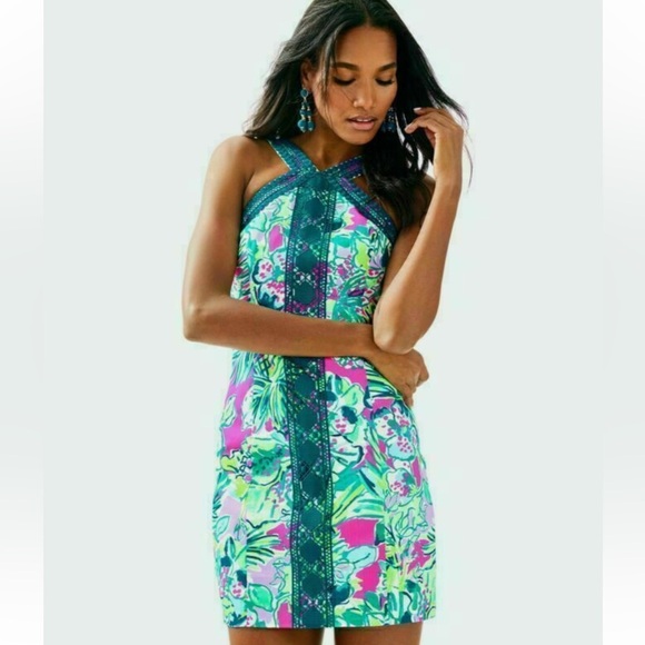 Lilly Pulitzer Vena Early BLOOMER Shift DRESS Multi Pop Up Jungle 0 Lace Teal - Picture 1 of 14